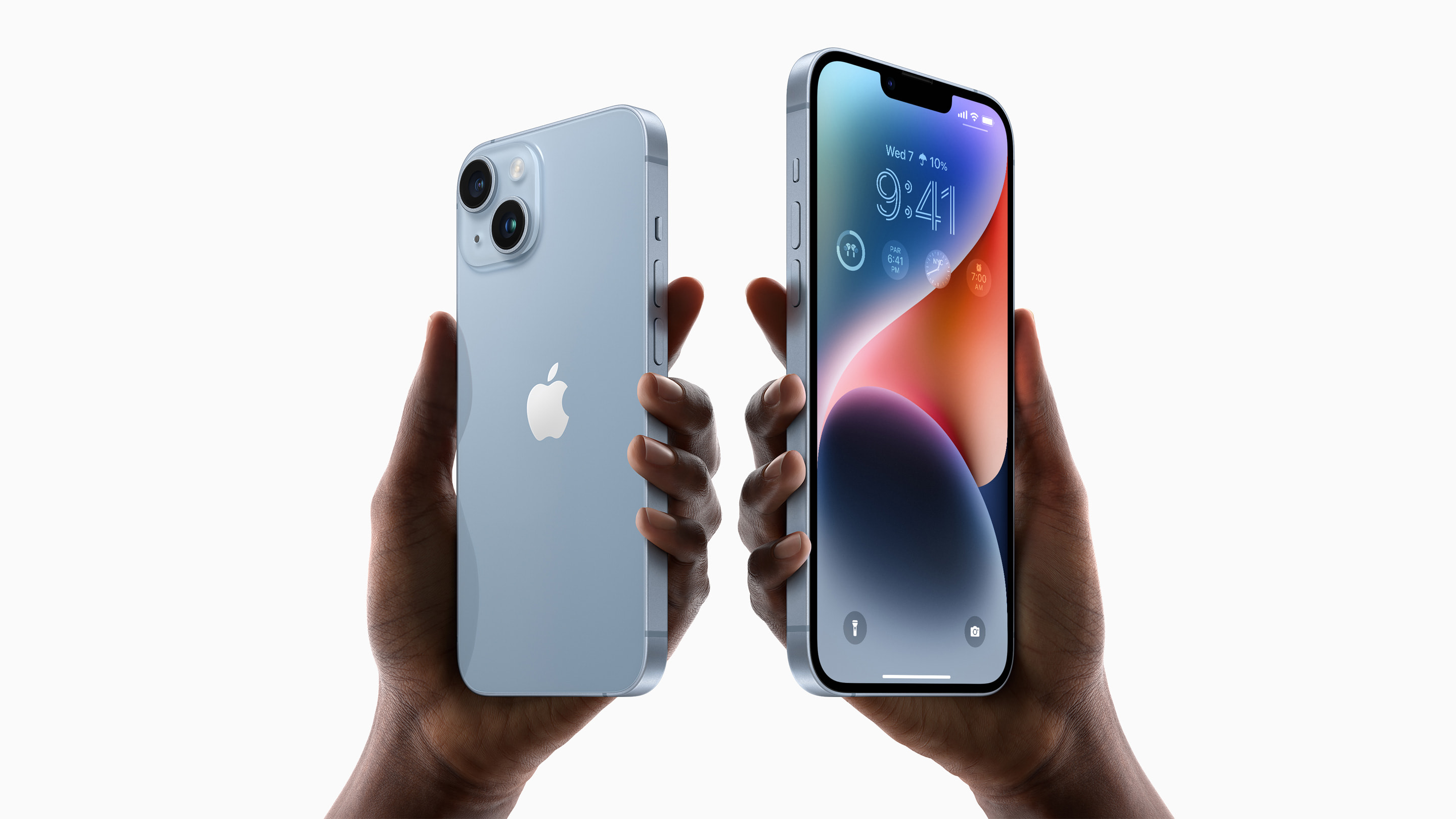 iPhone 14 in blue, back and front held in hands