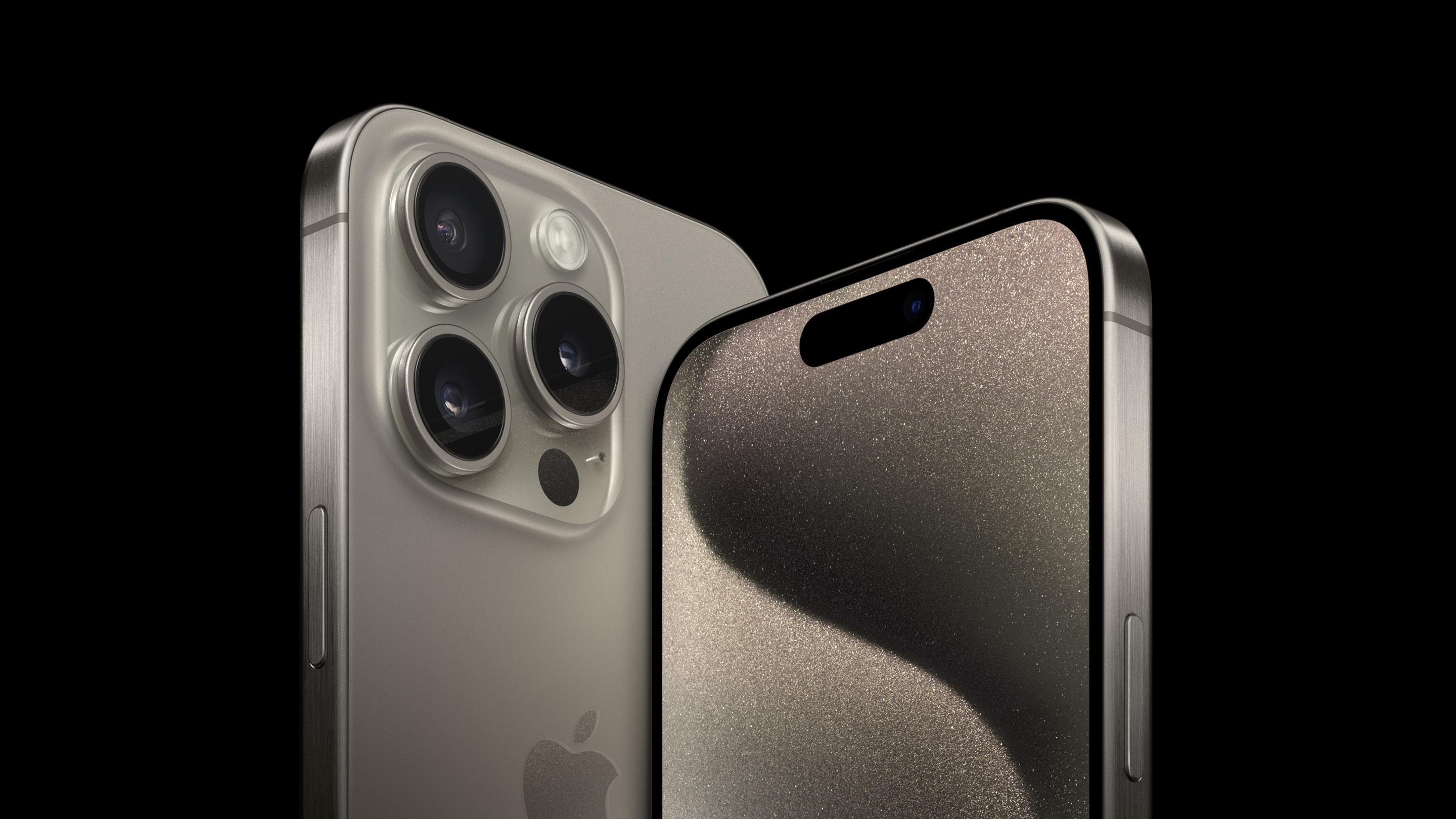 iPhone 15 Pro in Natural Titanium, back and front