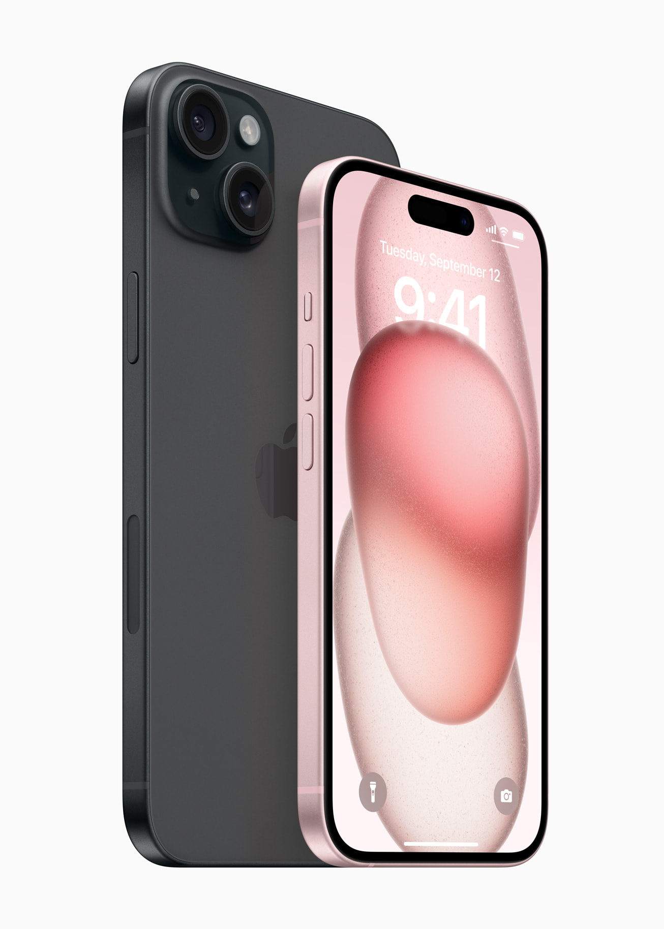 iPhone 15 in black and pink, back and front
