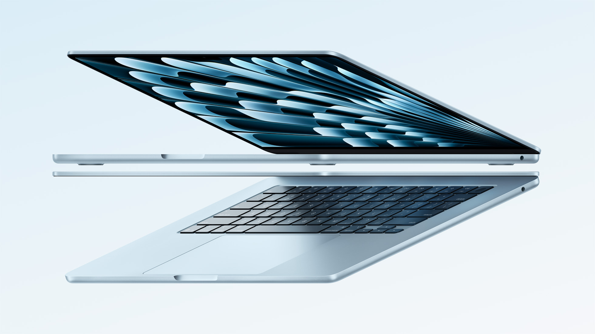 MacBook Air in sky blue opening to show the display