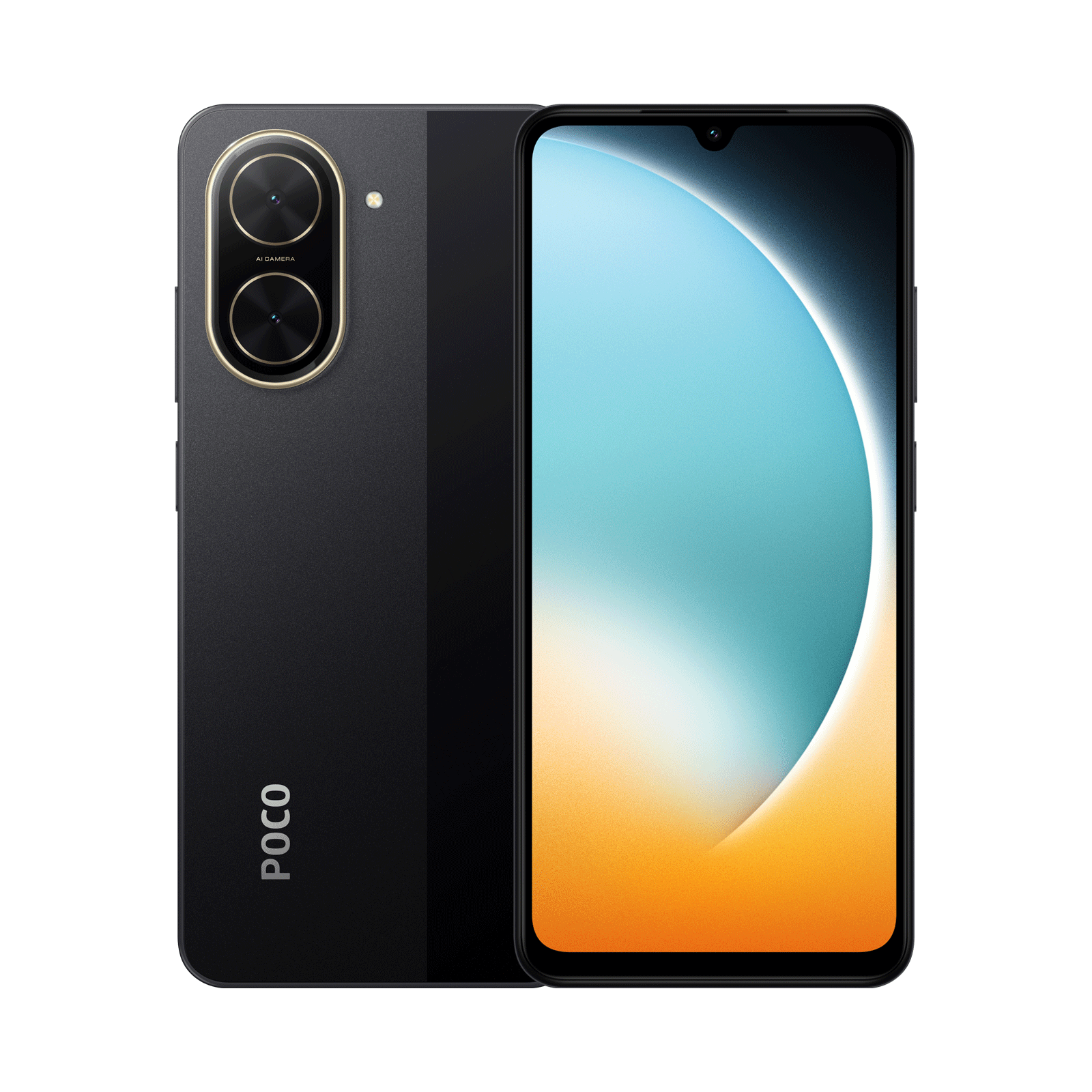 Poco C71 in power black, back and front